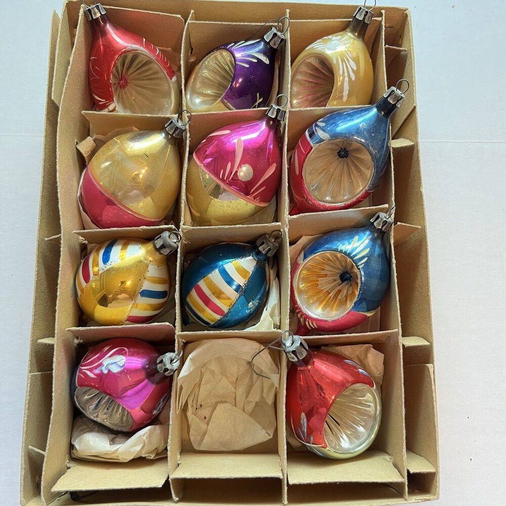 9 Indent Mercury Glass Mica Teardrop Ornaments Some Marked Poland 11 Total
